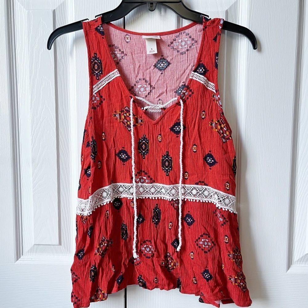 Mossimo Patterned Lace Orange Tassel Sleeveless V-Neck Tank Top Blouse EUC Small
